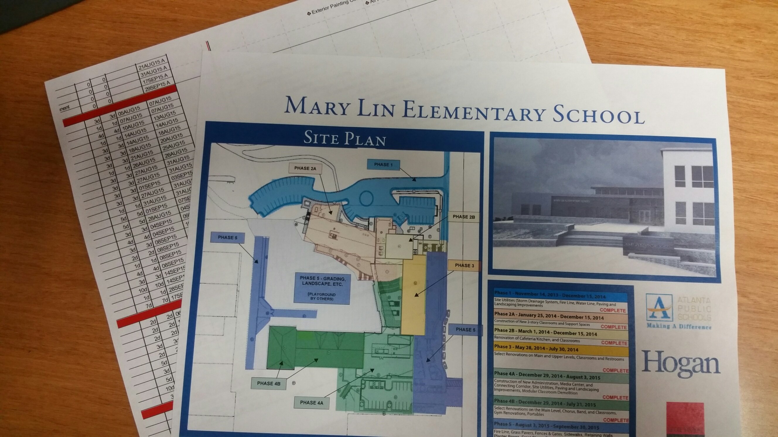 A sampling of the detailed plans that go into a school construction project.